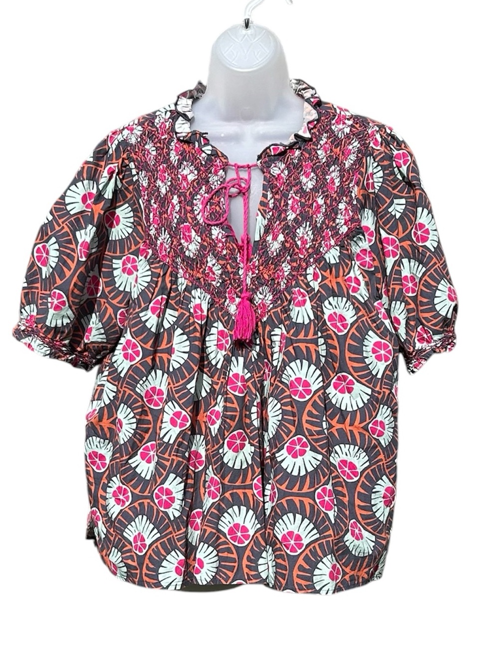 CK BRADLEY Women Size L Cayman Fan Plum Peasant‎ Boho Smocked Tassel Blouse Top